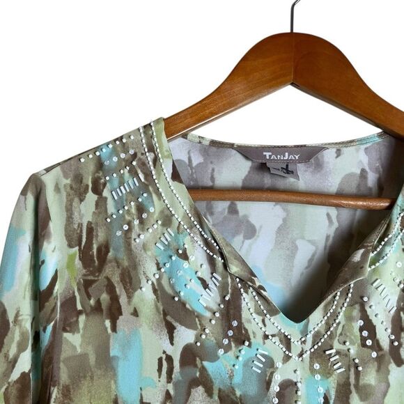 3 for $30! Tan Jay patterned beaded tunic. Size small - Picture 2 of 7